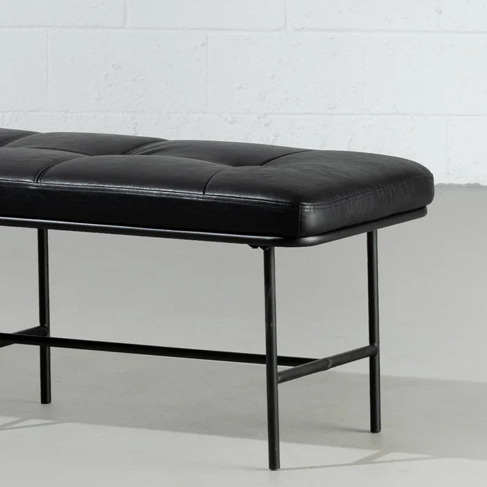 MILAN – Vintage Black Leather Bench with Black Metal Legs