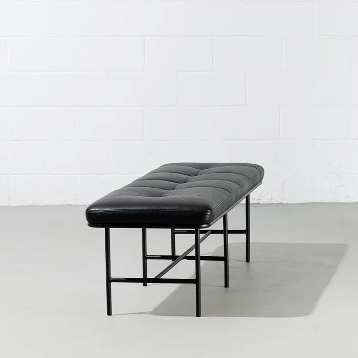 MILAN – Vintage Black Leather Bench with Black Metal Legs