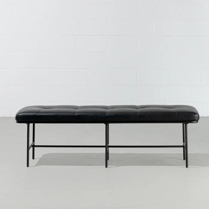 MILAN – Vintage Black Leather Bench with Black Metal Legs