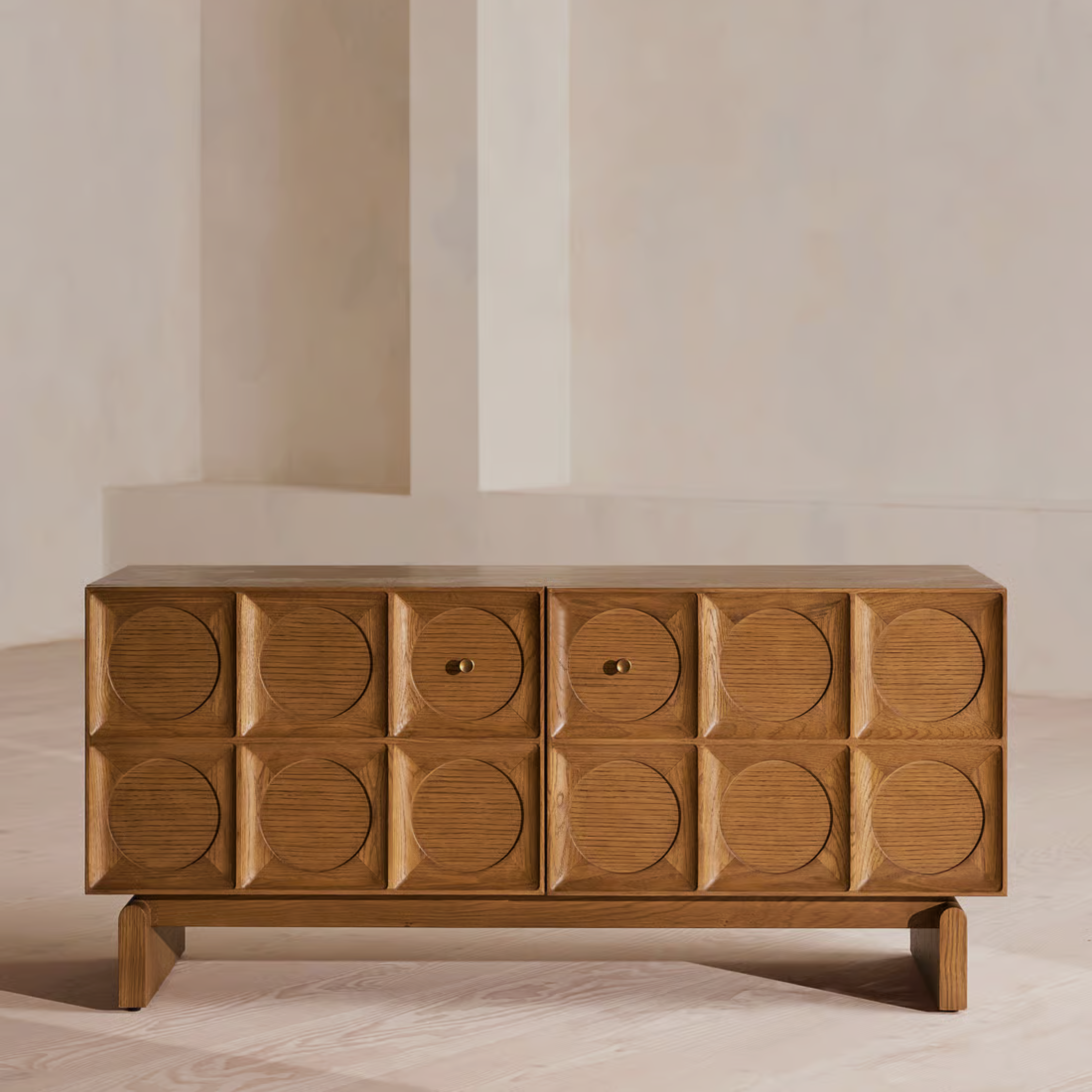 LUNARO Sideboard – Circle-Cut Geometry in Natural Oak