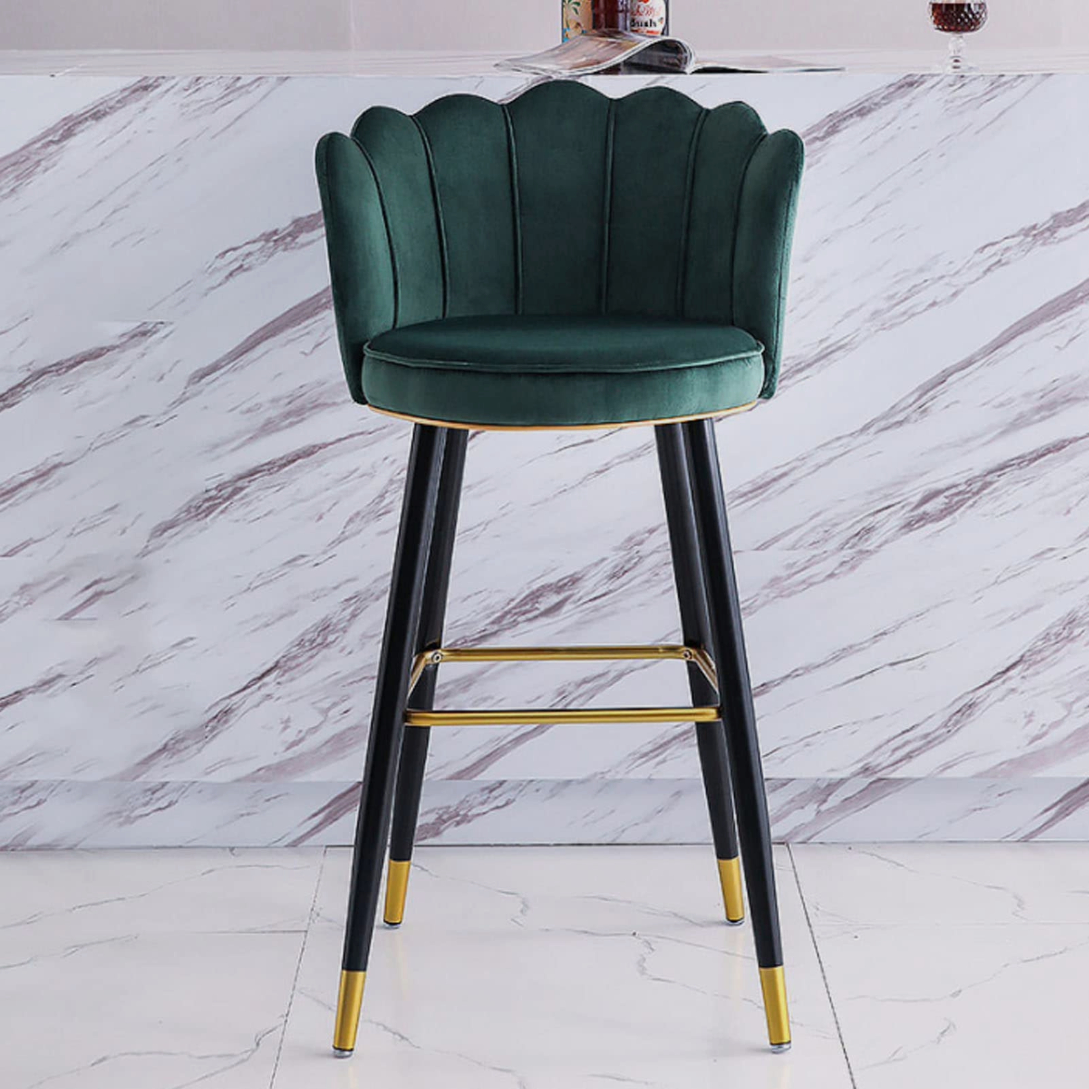 DAHLIA Bar Stool – Petal-Back Elegance in Emerald Velvet