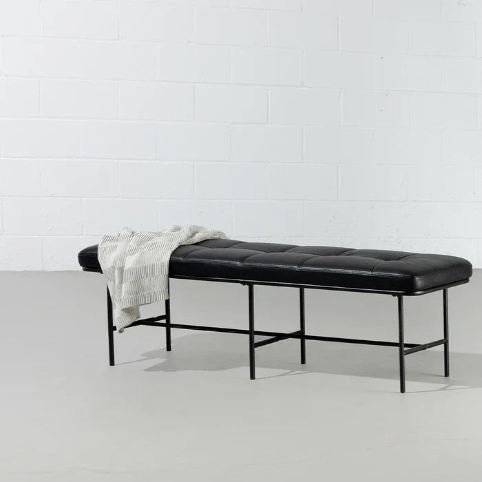 MILAN – Vintage Black Leather Bench with Black Metal Legs