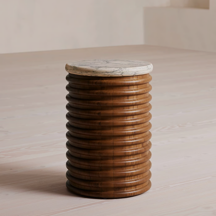 NARVO End Table – Ribbed Wood Base with Marble Top