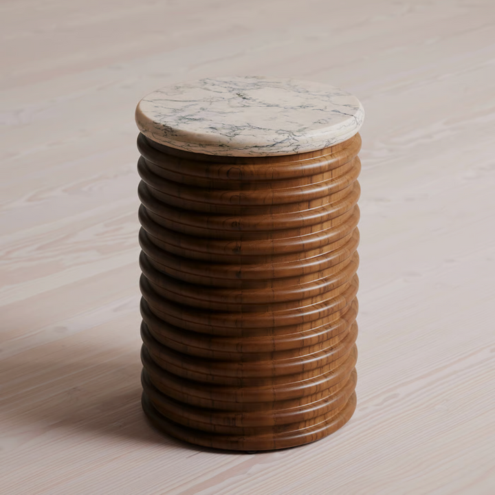 NARVO End Table – Ribbed Wood Base with Marble Top