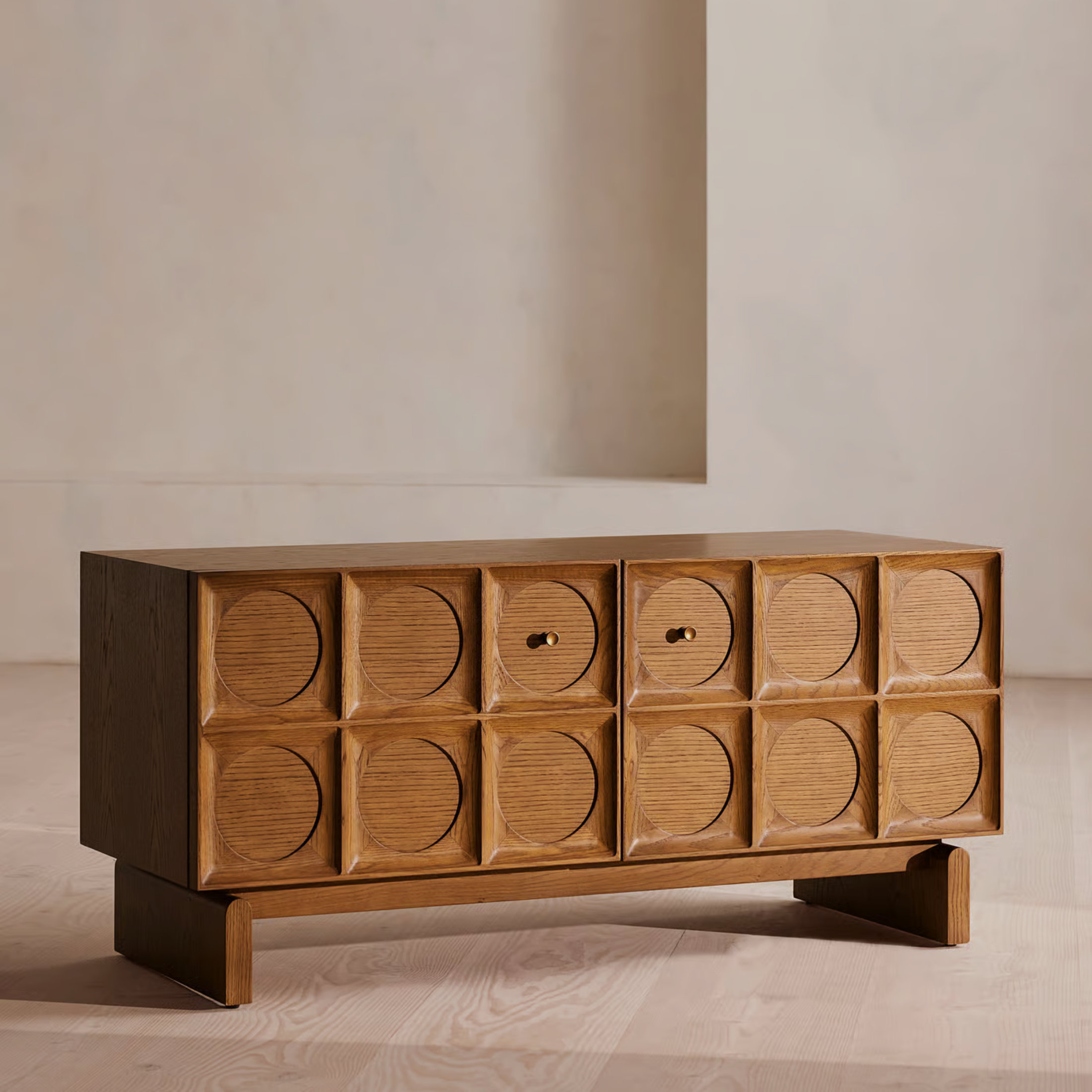 LUNARO Sideboard – Circle-Cut Geometry in Natural Oak