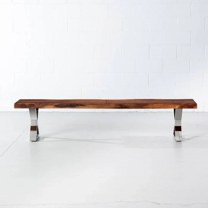 Colbert – Acacia Live Edge Wood Bench with Chrome X-Shaped Legs