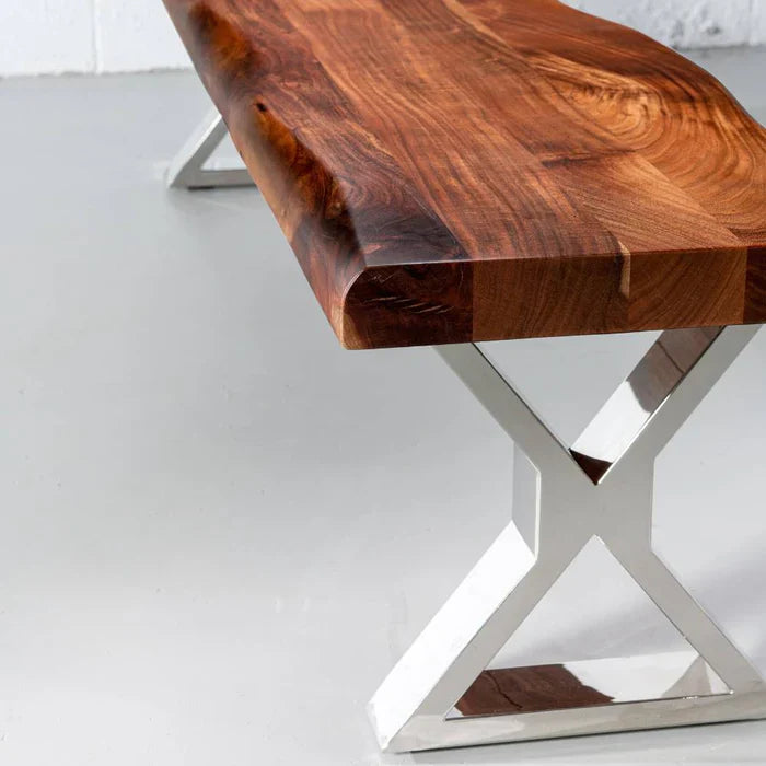Colbert – Acacia Live Edge Wood Bench with Chrome X-Shaped Legs