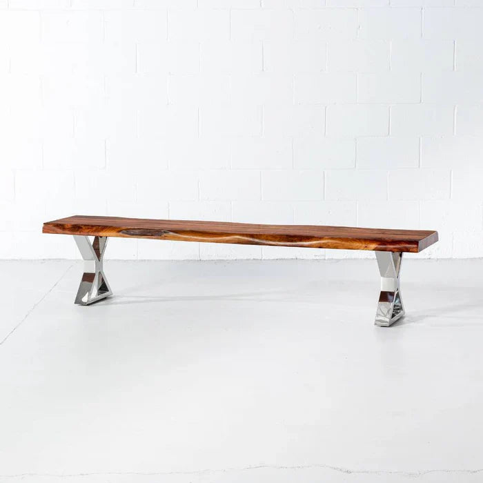 Colbert – Acacia Live Edge Wood Bench with Chrome X-Shaped Legs