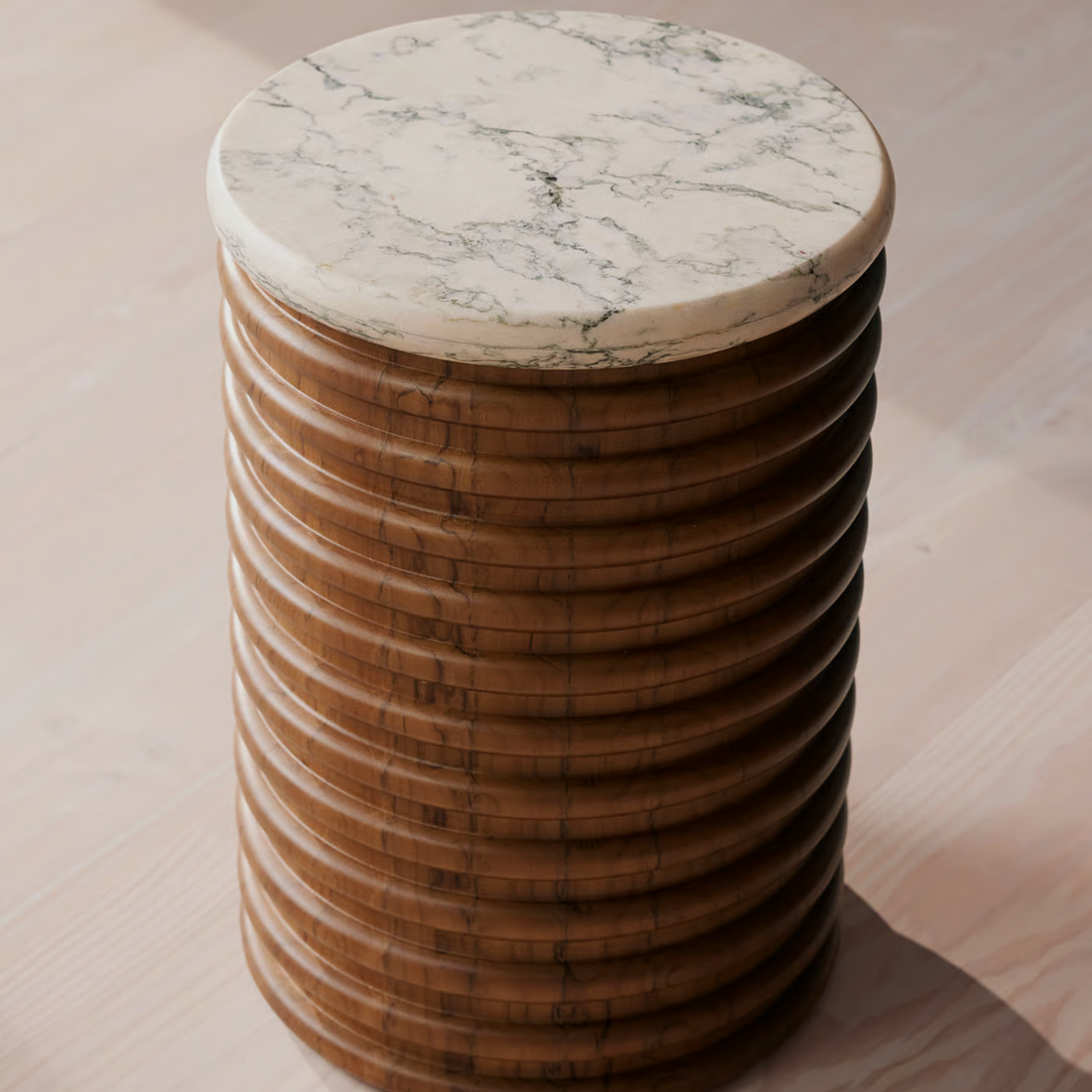 NARVO End Table – Ribbed Wood Base with Marble Top