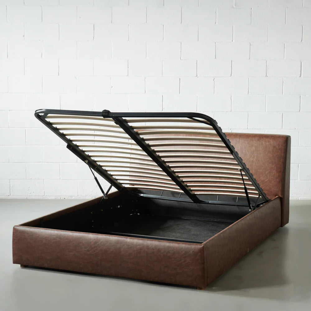 HARPER – Brown Vegan Leather Lift-Up Storage Platform Bed