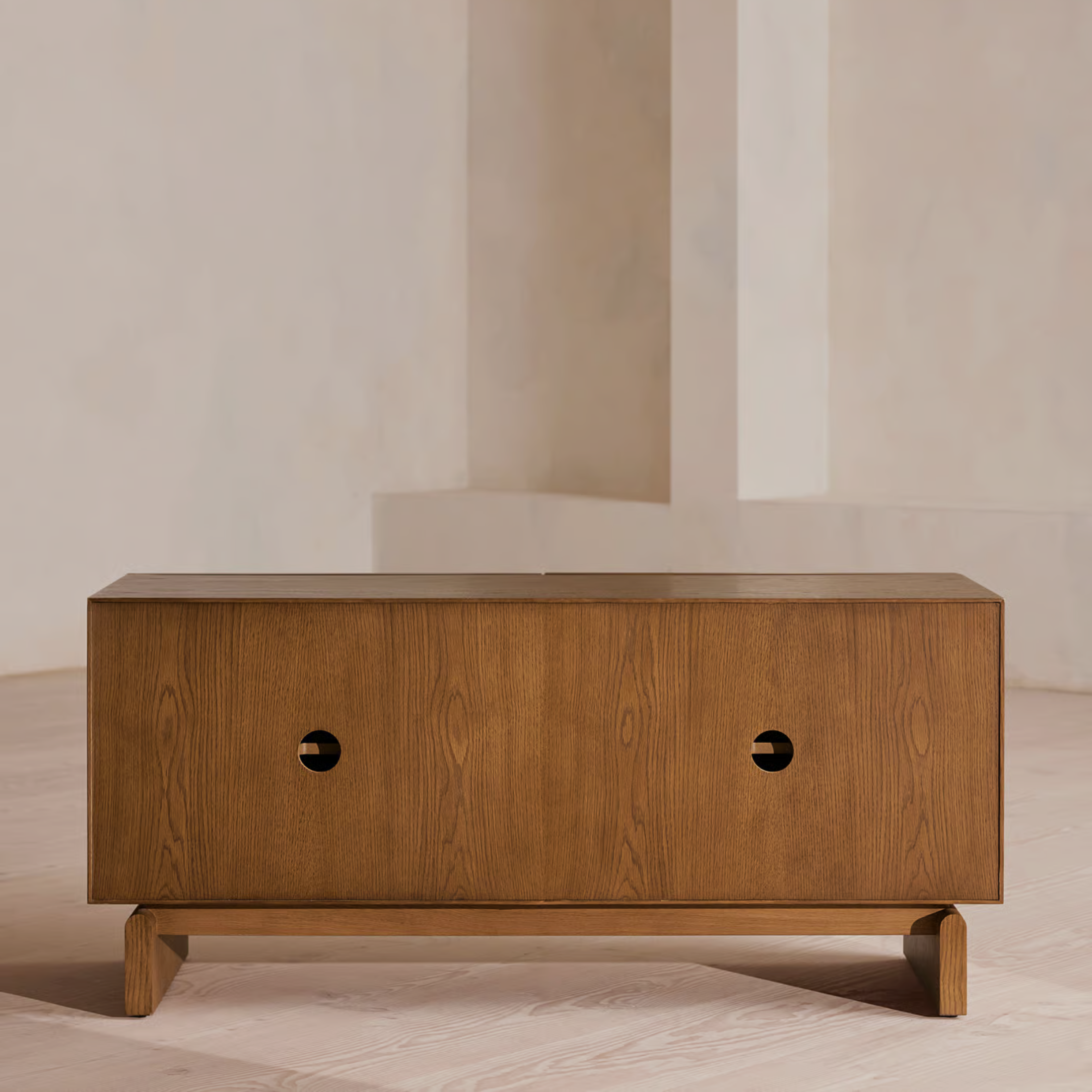 LUNARO Sideboard – Circle-Cut Geometry in Natural Oak