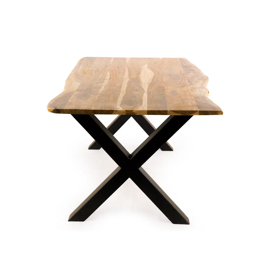 Sierra Acacia Live Edge Dining Table – Natural Grain with X-Leg Boldness