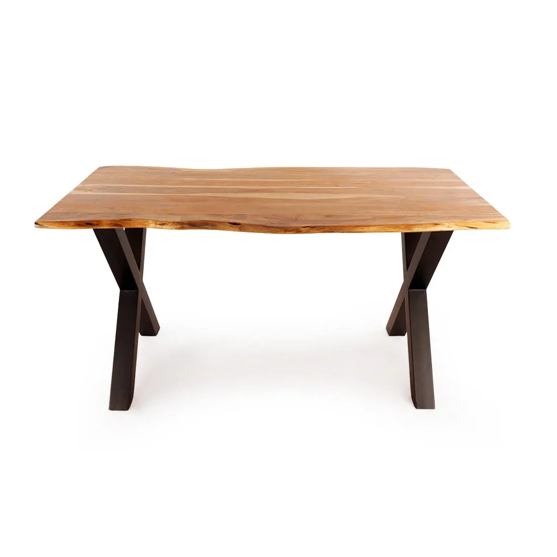 Sierra Acacia Live Edge Dining Table – Natural Grain with X-Leg Boldness