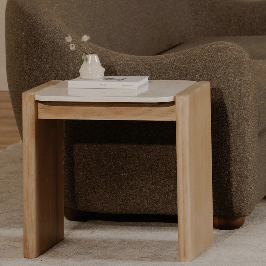 VISO End Table – Curved Minimalism in Wood & Stone