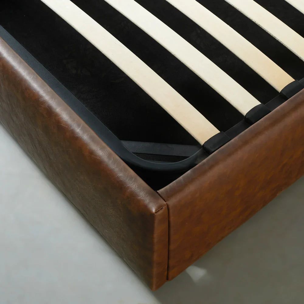 HARPER – Brown Vegan Leather Lift-Up Storage Platform Bed