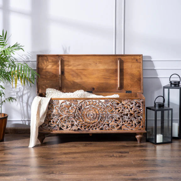 Avira Hand-Carved Wooden Trunk