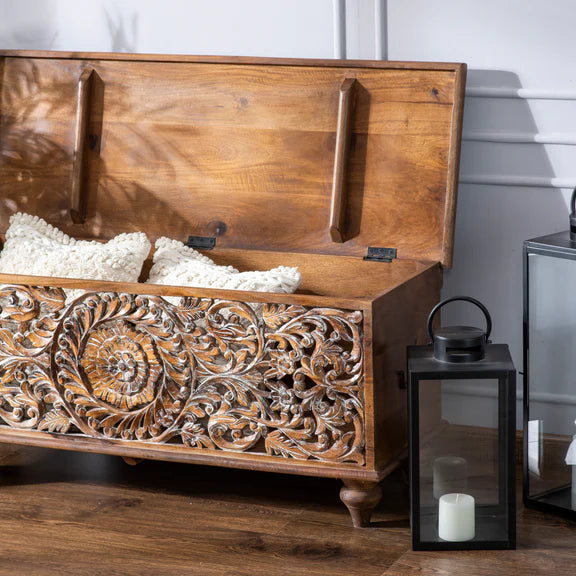Avira Hand-Carved Wooden Trunk