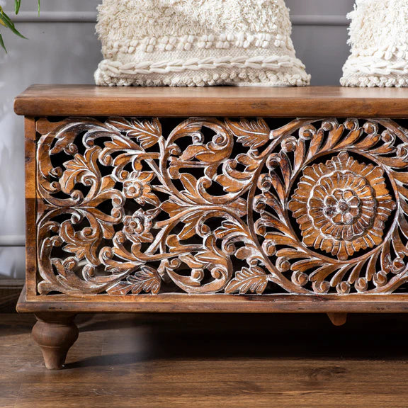 Avira Hand-Carved Wooden Trunk