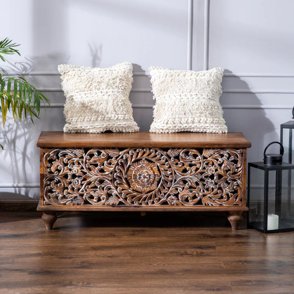 Avira Hand-Carved Wooden Trunk