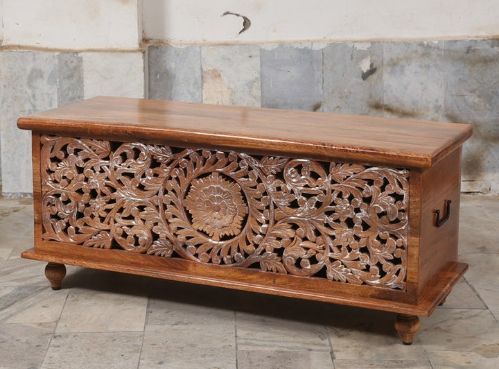 Avira Hand-Carved Wooden Trunk