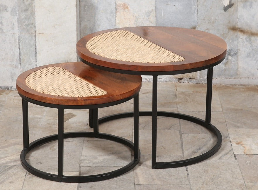 Rhea Round Cane Nesting Tables (Set of 2)