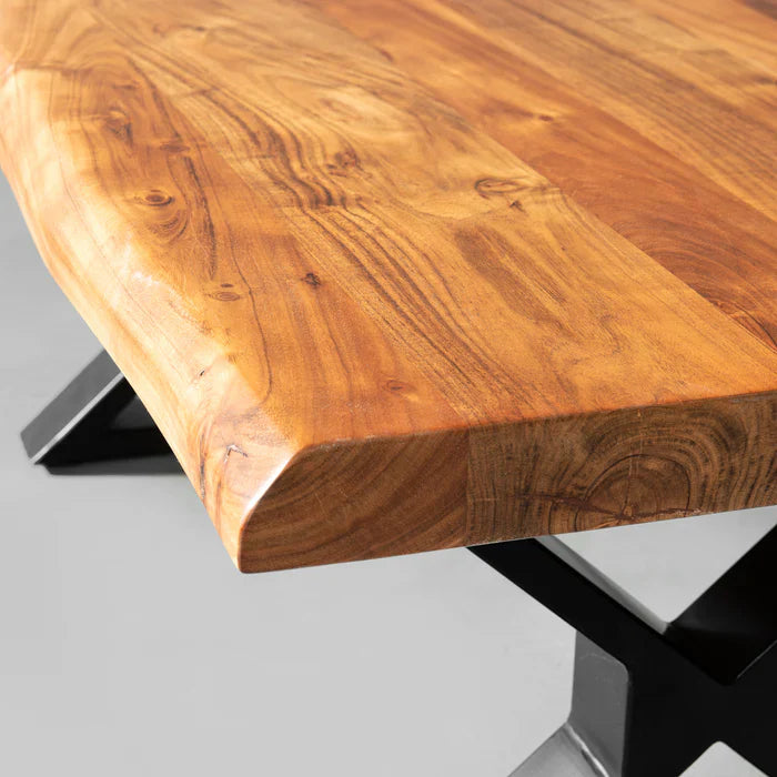 Live Edge Acacia Coffee Table with X Black Legs – Natural Finish