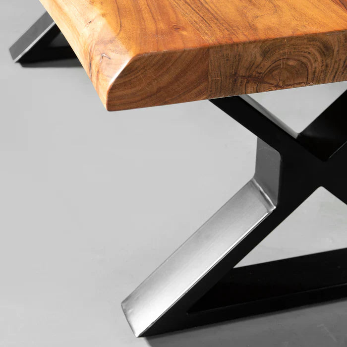 Live Edge Acacia Coffee Table with X Black Legs – Natural Finish