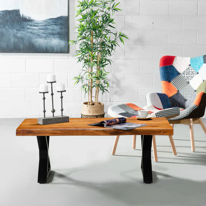 Live Edge Acacia Coffee Table with X Black Legs – Natural Finish