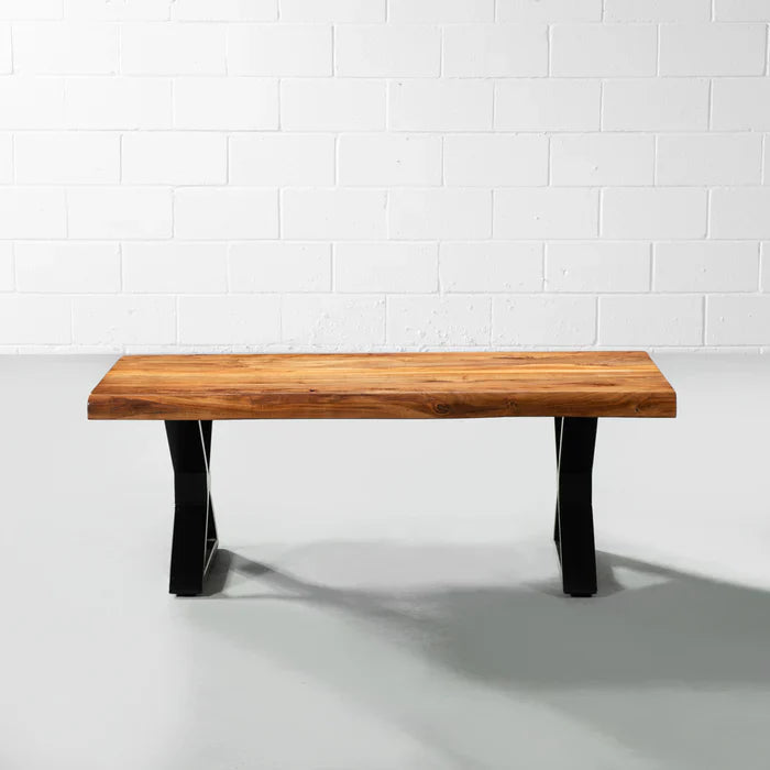 Live Edge Acacia Coffee Table with X Black Legs – Natural Finish