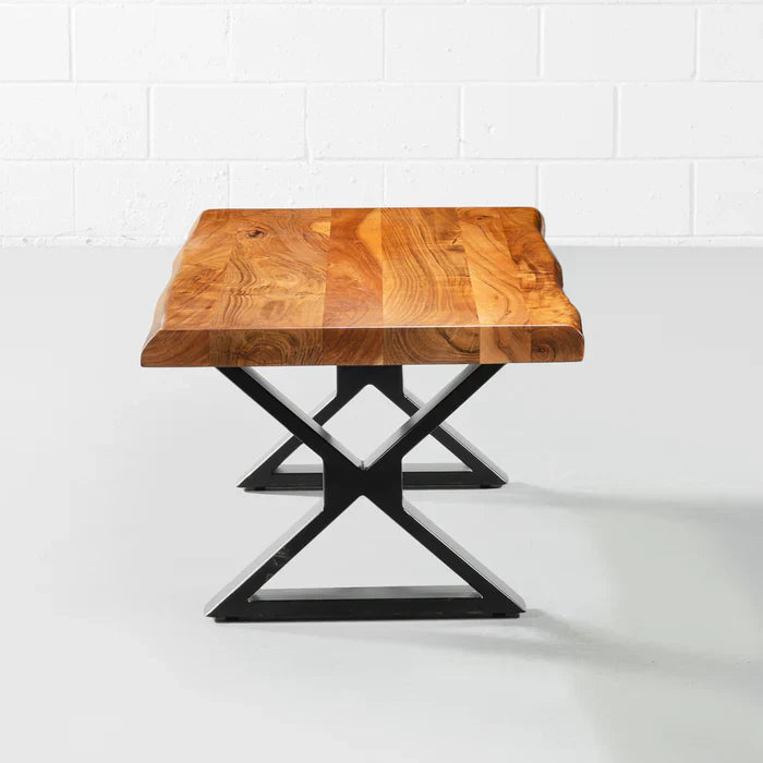 Live Edge Acacia Coffee Table with X Black Legs – Natural Finish