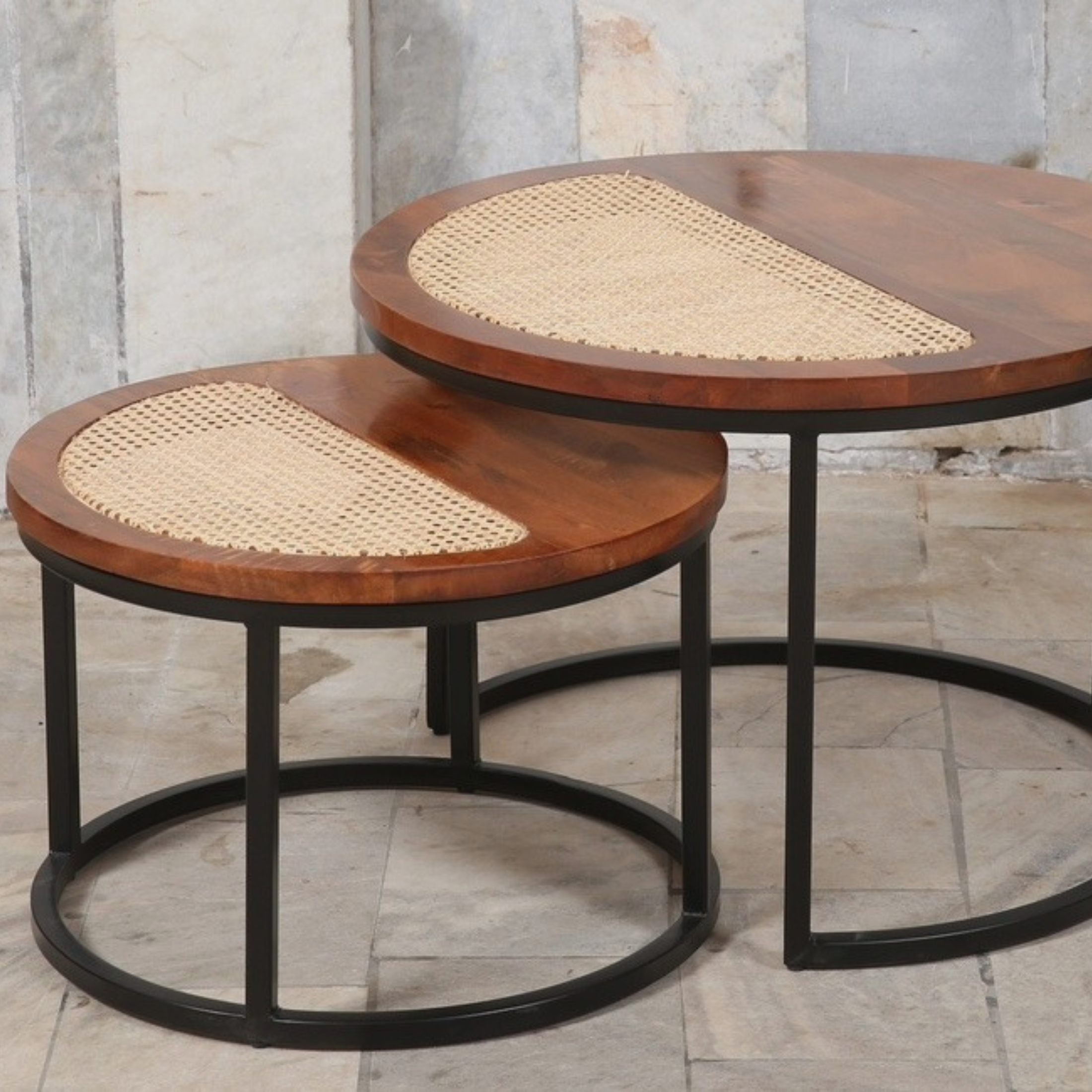 Rhea Round Cane Nesting Tables (Set of 2)